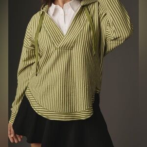 Anthropologie Pilcro Wharfside Striped Hooded Sweatshirt Olive Preppy Nautical
